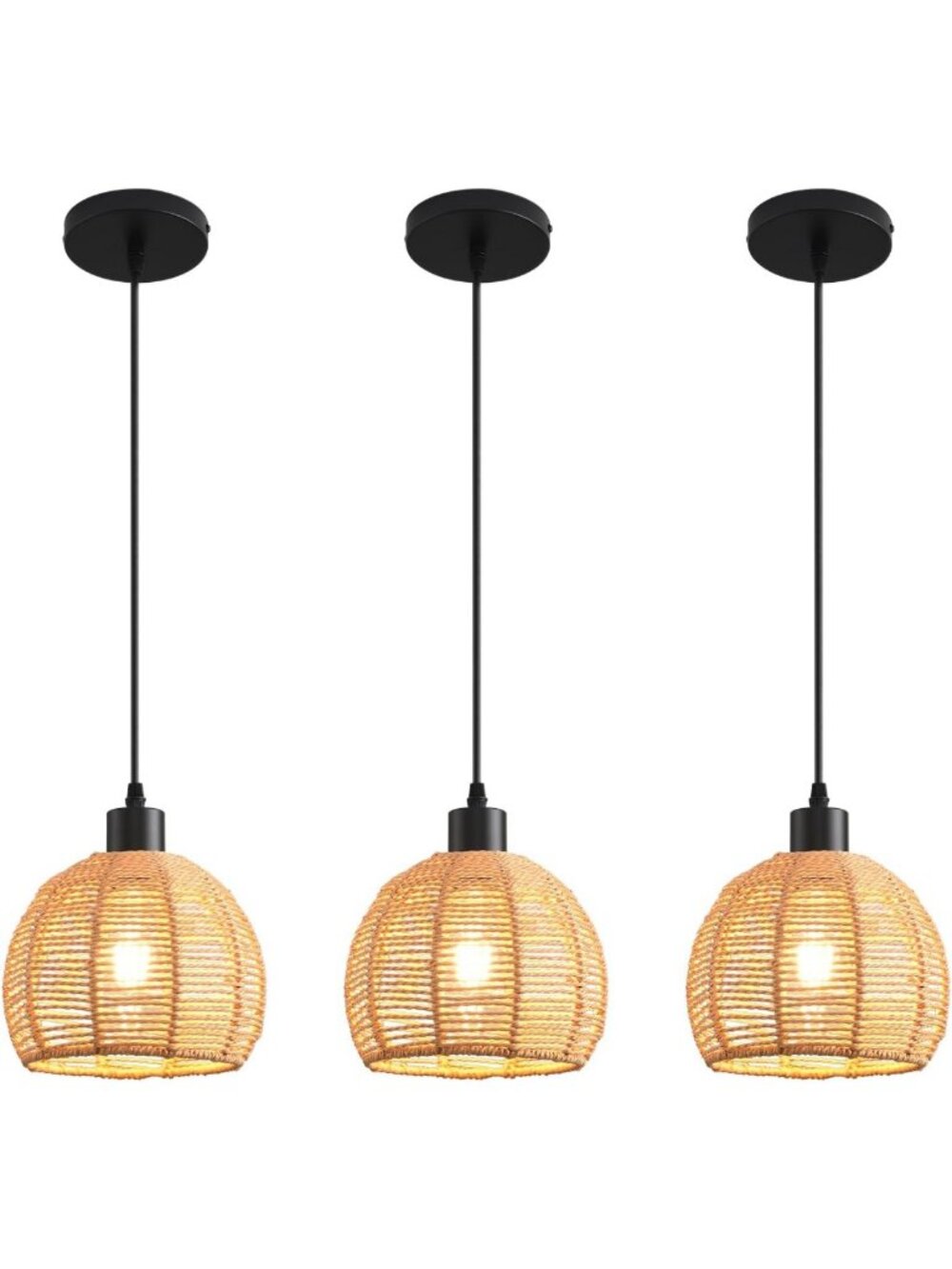 Boho Woven Pendant Light - Rattan Chandelier for Kitchen Island & Farmhouse